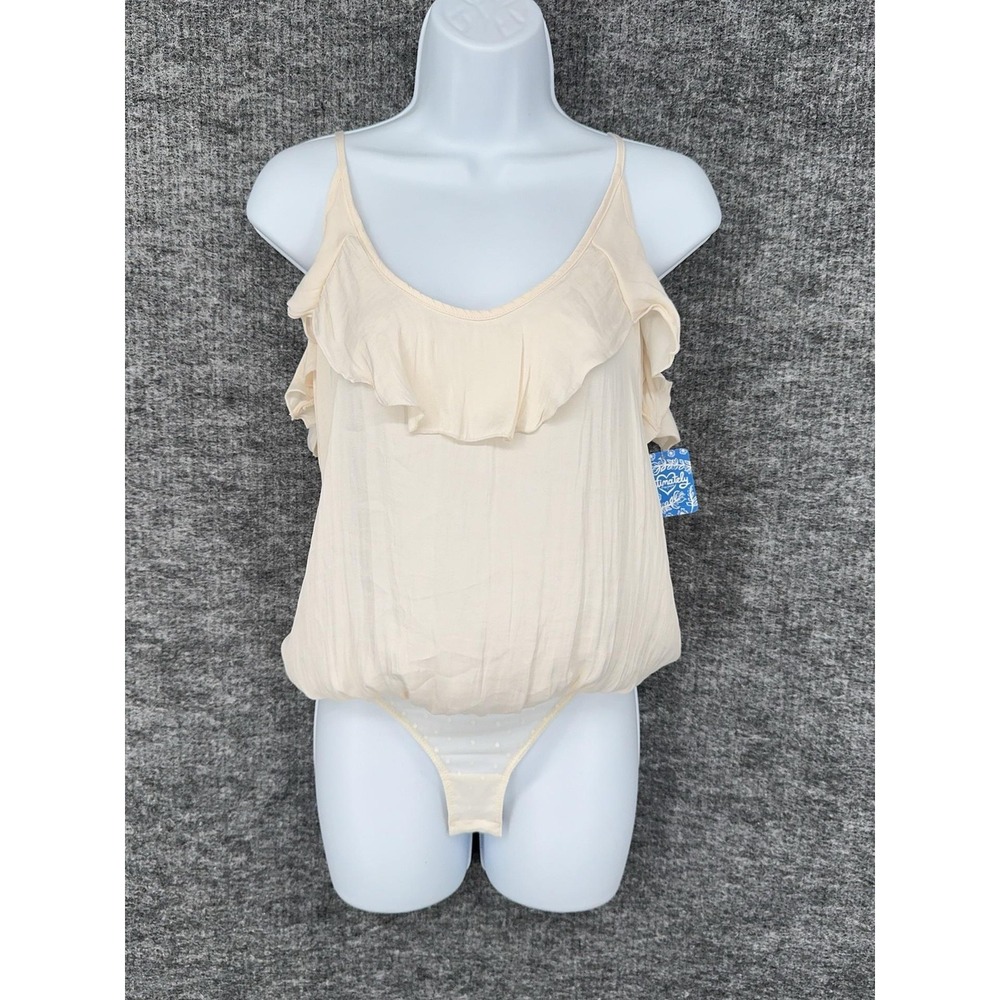 Free People Bodysuit Womens S Cream Intimately Ruffle Spaghetti Strap Thong